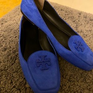 Tory Burch Bright Blue Logo Suede Leather Square Toe Flat